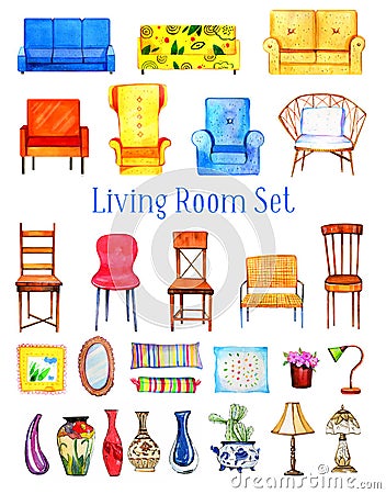 Hand drawn watercolor set of stylized furniture for living room Stock Photo