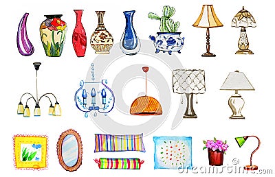 Hand drawn watercolor set of stylized decorative objects for living room Stock Photo