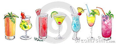Hand drawn watercolor Set of tropical cocktails Stock Photo