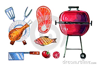 Hand drawn watercolor set of various objects for picnic, summer eating out, grill and barbecue Stock Photo