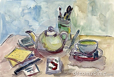 Hand drawn watercolor sketch. Handpainted illustration with tea and ceramic cup and teapot. Education and stationery supplies. Pen Cartoon Illustration