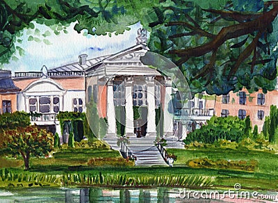 Hand drawn watercolor sketch. Historical building. Summer landscape. Classical style. Public park with pond. Moscow botanical Stock Photo