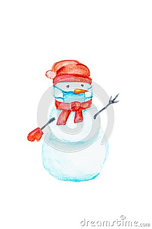 Hand drawn watercolor snowman with a face mask. Stock Photo