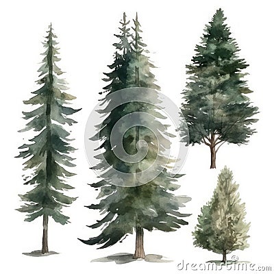 Hand-Drawn Watercolor Spruce Trees Collection for Forest Scenes . Stock Photo