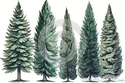 Hand-Drawn Watercolor Spruce Trees Collection for Forest Scenes . Stock Photo