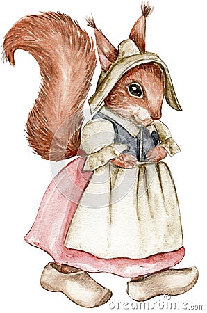 Hand drawn watercolor squirrel. Cartoon Illustration