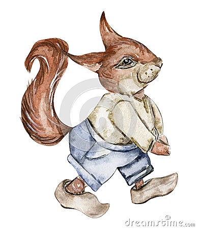 Hand drawn watercolor squirrel. Cartoon Illustration