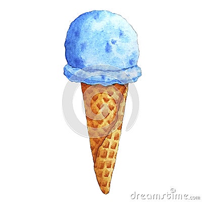 Hand drawn watercolor tasty blue ice cream waffle cone snack Stock Photo