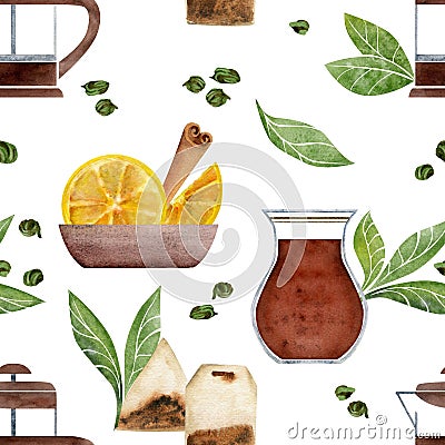 Hand drawn watercolor teaware tea lemon turkish glass crockery cinnamon french press. Seamless pattern isolated on white Stock Photo