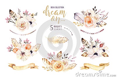 Hand drawn watercolor tribal floral bouquets isolated on white. Boho America traditional watercolour wedding native Stock Photo