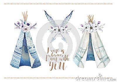 Hand drawn watercolor tribal teepee, isolated white campsite ten Stock Photo