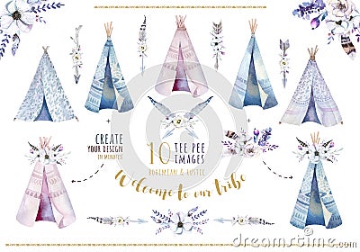 Hand drawn watercolor tribal teepee, isolated white campsite ten Stock Photo