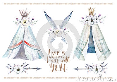 Hand drawn watercolor tribal teepee, isolated white campsite ten Stock Photo