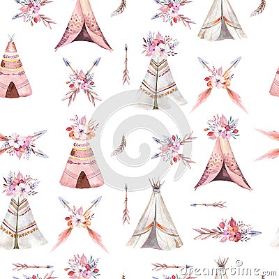 Hand drawn watercolor tribal teepee seamless pattern, Boho America traditional native ornament wigwam patterns. Indian Stock Photo