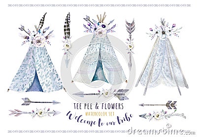 Hand drawn watercolor tribal teepee, white campsite ten Stock Photo