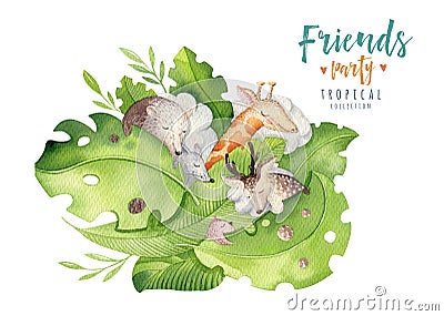 Hand drawn watercolor tropical animals. Boho nursery deer, mouse, giraffe and bear illustrations, jungle tree, brazil Cartoon Illustration