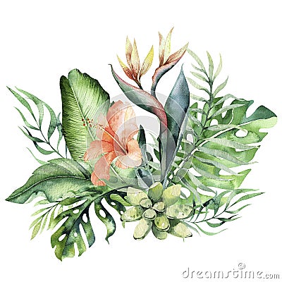 Hand drawn watercolor tropical flower bouquet composition. Exotic palm leaves, jungle tree, brazil tropic botany Stock Photo