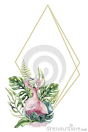 Hand drawn watercolor tropical gold florariums with flamingo. Exotic florarium frame illustrations for text, jungle Cartoon Illustration