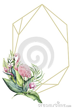 Hand drawn watercolor tropical gold florariums with flamingo. Exotic florarium frame illustrations for text, jungle Cartoon Illustration