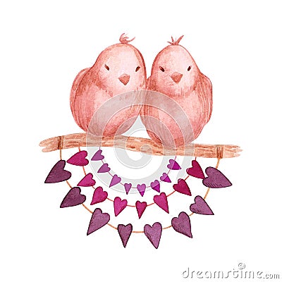 Hand drawn watercolor valentine birds on a twig. St. Valentine's decorative element. lable, banner, post card Stock Photo