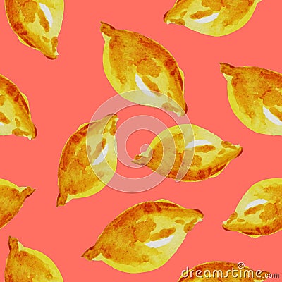 Hand drawn watercolor vintage seamless pattern of ripe yellow lemon.Tropical,exotic fruit.Abstraction summer print of pink Stock Photo