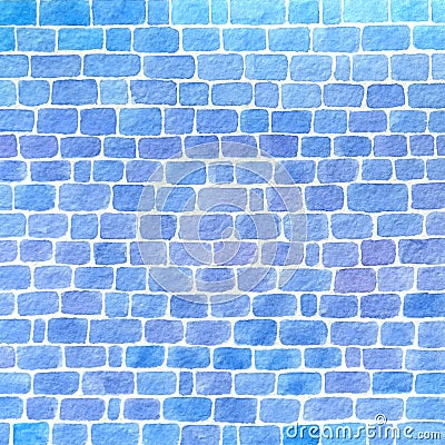 Hand drawn watercolor wall made of blue bricks background Stock Photo