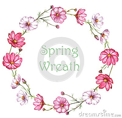 Hand-drawn watercolor wreath with pink and white kosmea flowers Stock Photo