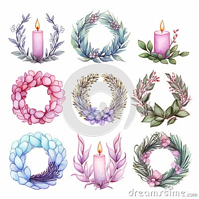 Hand Drawn Watercolor Wreaths With Candles - Detailed Nature Depictions Stock Photo