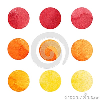 Hand drawn watrcolor circles of red, orange and yellow colors. Vector. Vector Illustration