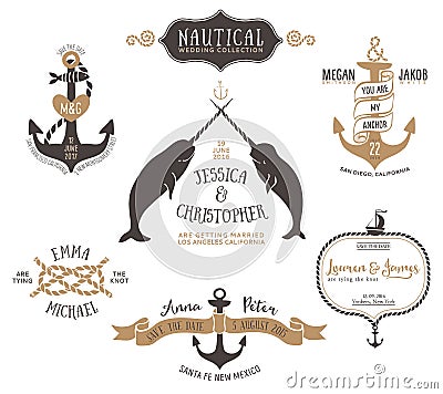 Hand drawn wedding invitation logo templates in nautical style. Vector Illustration