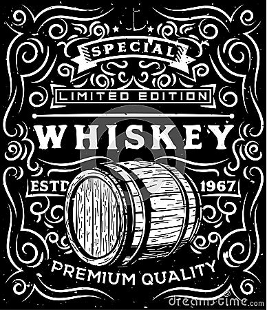 Hand drawn whiskey label with wooden barrel and floral calligraphic elements Vector Illustration