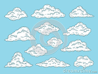 Hand drawn white clouds. Isolated doodle cloud, vintage engraving sky elements. Weather heaven collection, art Vector Illustration