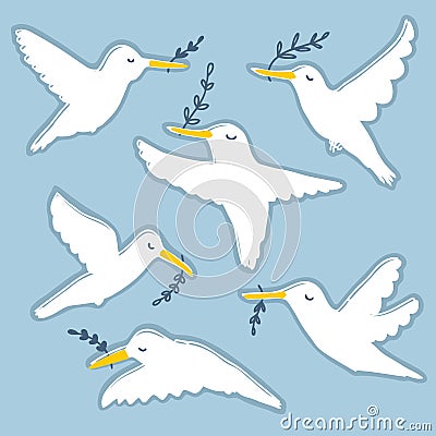 Hand drawn white doves stickers collection. Symbols of peace beautiful set. Vector Illustration