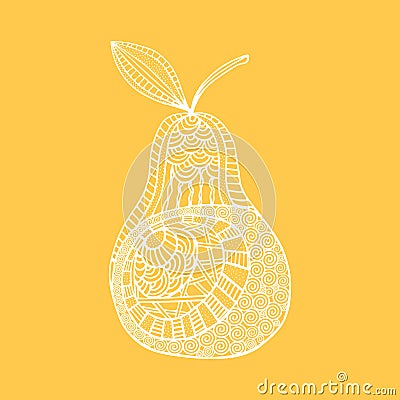 hand drawn white outline pear on yellow background. Ornament of curve lines. Vector Illustration