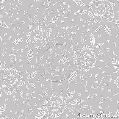 Hand Drawn White Roses, Mimicking Embroidery Stitches, on Grey Background Floral Vector Seamless Pattern Vector Illustration