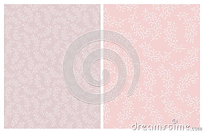 Delicate Sketched Abstract Branch Vector Pattern. Pink and White Design. Vector Illustration