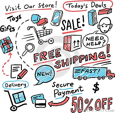 Hand drawn whiteboard sketch - shopping and sales Vector Illustration