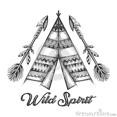 Hand Drawn Wigwam and Indian Arrows with lettering Wild Spirit Tattoo Vector Illustration