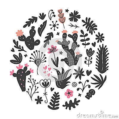 Hand drawn wild cactus flowers, tropical succulent plants circle print Vector Illustration