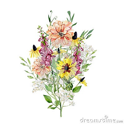 Hand drawn wild floral summer bouquets with purple and beige color wildflowers. Watercolor garden meadow flowers Stock Photo