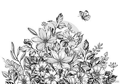 Hand Drawn Wild Flowers Bunch and Butterfly Stock Photo
