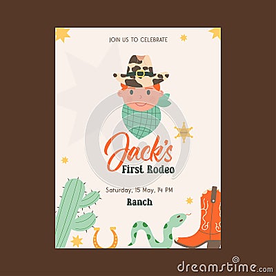 Hand drawn wild west cowboy party invitation, first rodeo poster Vector Illustration