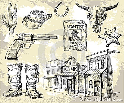 Hand drawn wild west set Vector Illustration