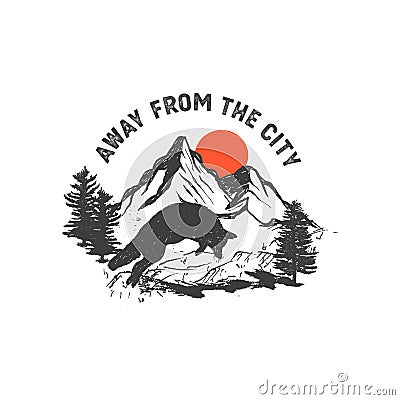 Hand drawn wilderness badge with mountain landscape and inspiring lettering Vector Illustration