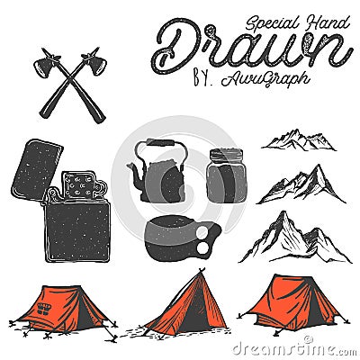 Hand drawn wilderness badge with mountain landscape and inspiring lettering Vector Illustration