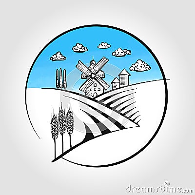 Hand-drawn Windmill icon with landscape Vector Illustration
