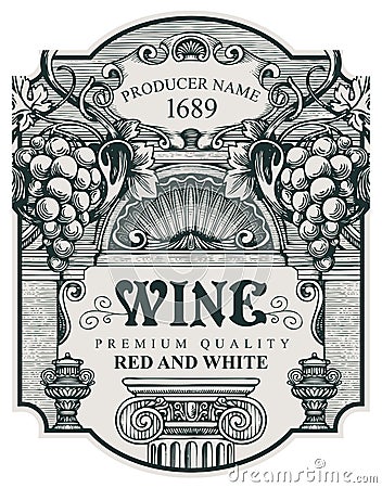 Hand drawn wine label with a bunch of grapes Vector Illustration