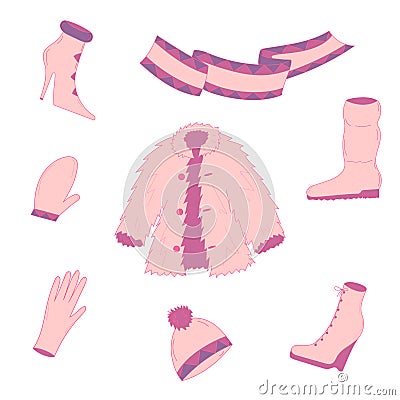 Hand Drawn Winter Clothes. Pink shoes on high heel, scarf, mitten, glove and fur coat Vector Illustration