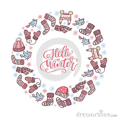 Hand drawn winter symbol in a circle with handwritten phrase Hello Winter inside Vector Illustration