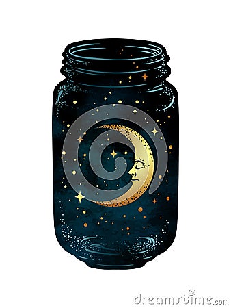 Hand drawn wish jar. Crescent moon and stars in glass jar isolated. Vector Illustration